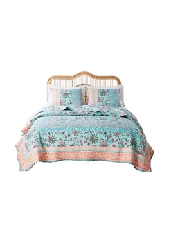 Greenland Home Fashions Barefoot Bungalow Audrey Quilt and Pillow Sham Set - Full/Queen 90x90", Turquoise