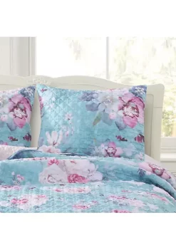 Greenland Home Fashions Barefoot Bungalow Avril Floral Patterns Digitally Printed and Millennial Blush Reverse Pillow Sham - Standard 20x26", Turquoise Blue